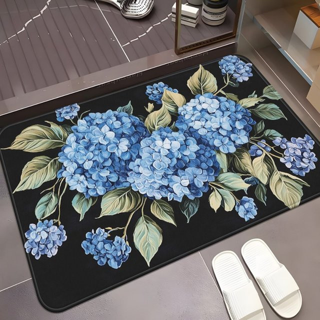 VIKAMA Fußmatte mit blauem Hortensien-Blumenmuster im Vintage-Stil aus Polyester - Bild 1