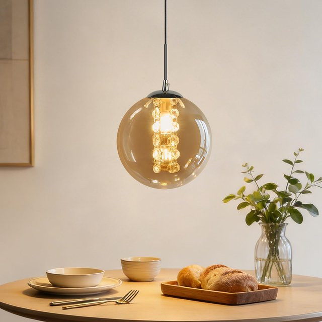 Moderne Pendelleuchte aus Glas in Bernstein, höhenverstellbare Hängelampe mit 1 Flammig und G9 Fassung, Höhe: 120 cm - Bild 1