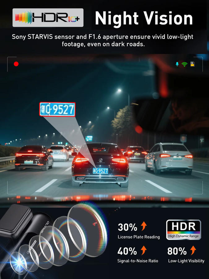 GMAIPOP Dashcam mit 4K UHD Aufnahme, Vorder- und Rückkamera, HDR Nachtsicht, WLAN und 24H Parkmodus in Schwarz - Bild 3