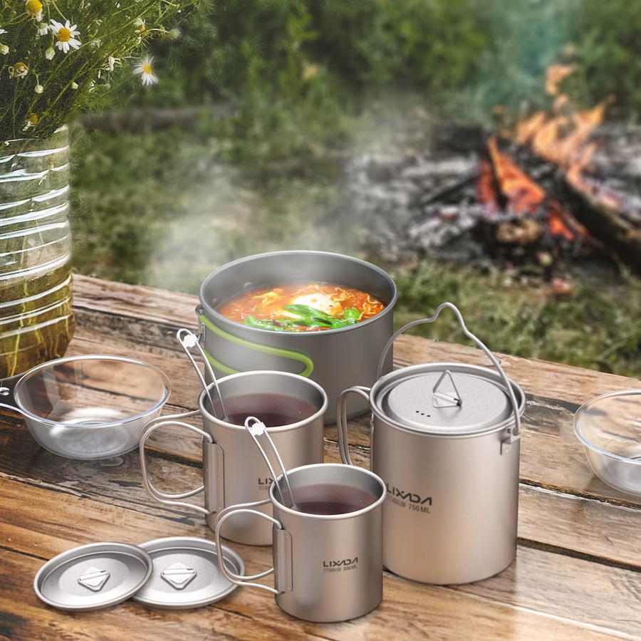 Titan-Camping-Geschirrset in Silber mit Topf, Wasserbecher mit Deckel und zusammenklappbarem Gabel, 750 ml - Bild 2