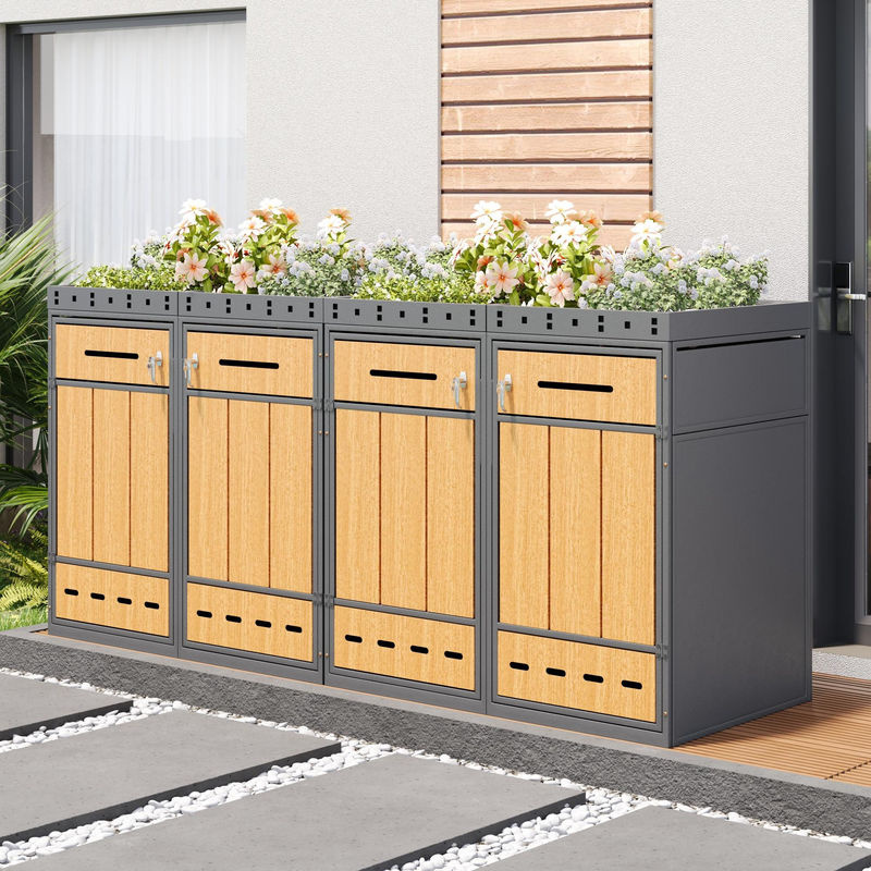 GL Store Mülltonnenbox mit Pflanztrog für 4 Mülltonnen in Grau und Naturfarbe, Frontzugang mit Schloss und Griff, B/T/H: 264 x 80 x 124 cm - Bild 2