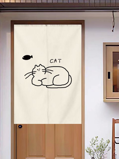 VIKAMA Minimalistischer Katzen-Türvorhang im japanischen Stil, Halbvorhang mit Tier-Grafik in Weiß, Breite: 90,0 cm, Höhe: 65,0 cm - Bild 1