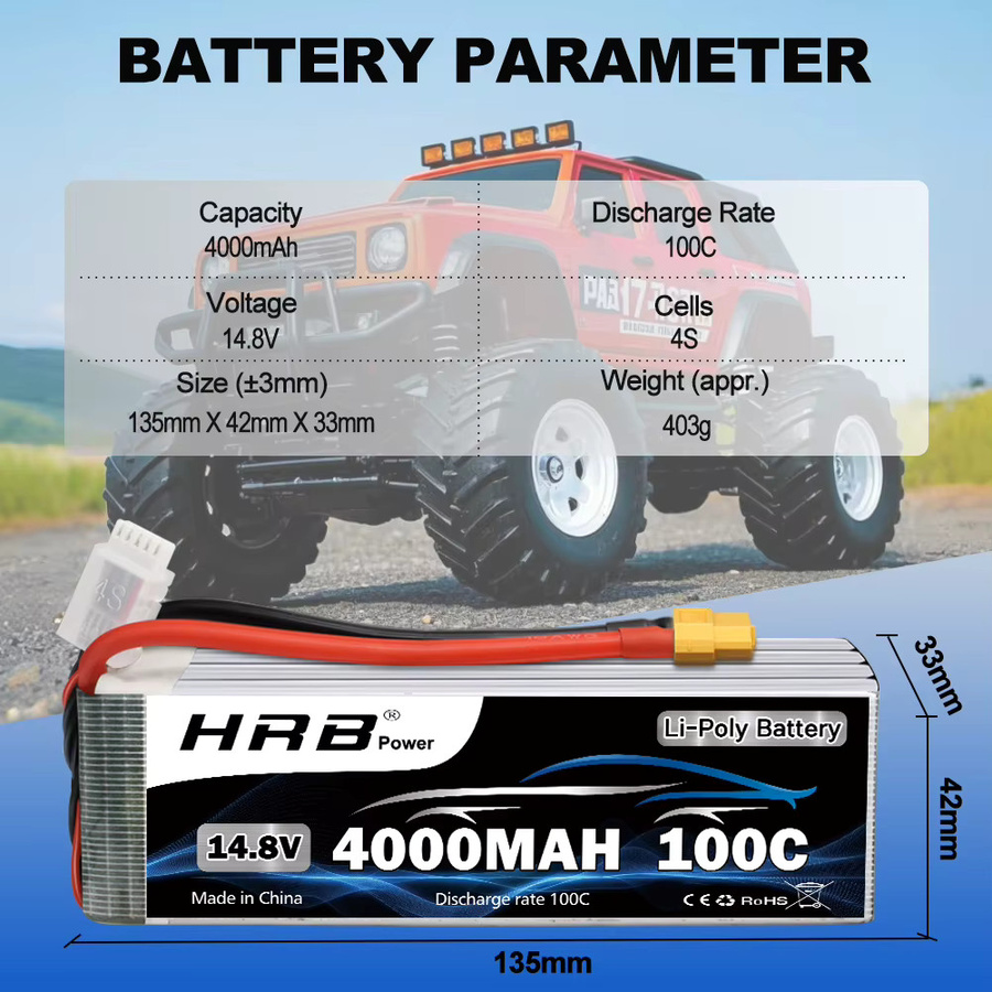 HRB 4S Lipo Batterie, 14,8V 4000mah 100C, mit XT60 Stecker, Zubehör - Bild 3