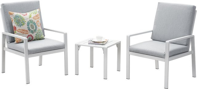 MEXO Gartenmöbel Dining Set Rom mit Polstern in Weiß und Hellgrau, 2-Sitzer mit Aluminiumrahmen und Polyethylen-Holz - Bild 1
