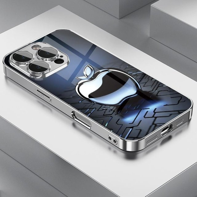 iPhone Schutzhülle mit gehärtetem Glas und galvanisierter Metallhülle im Apple-Muster, Farbe: Blau - Bild 1