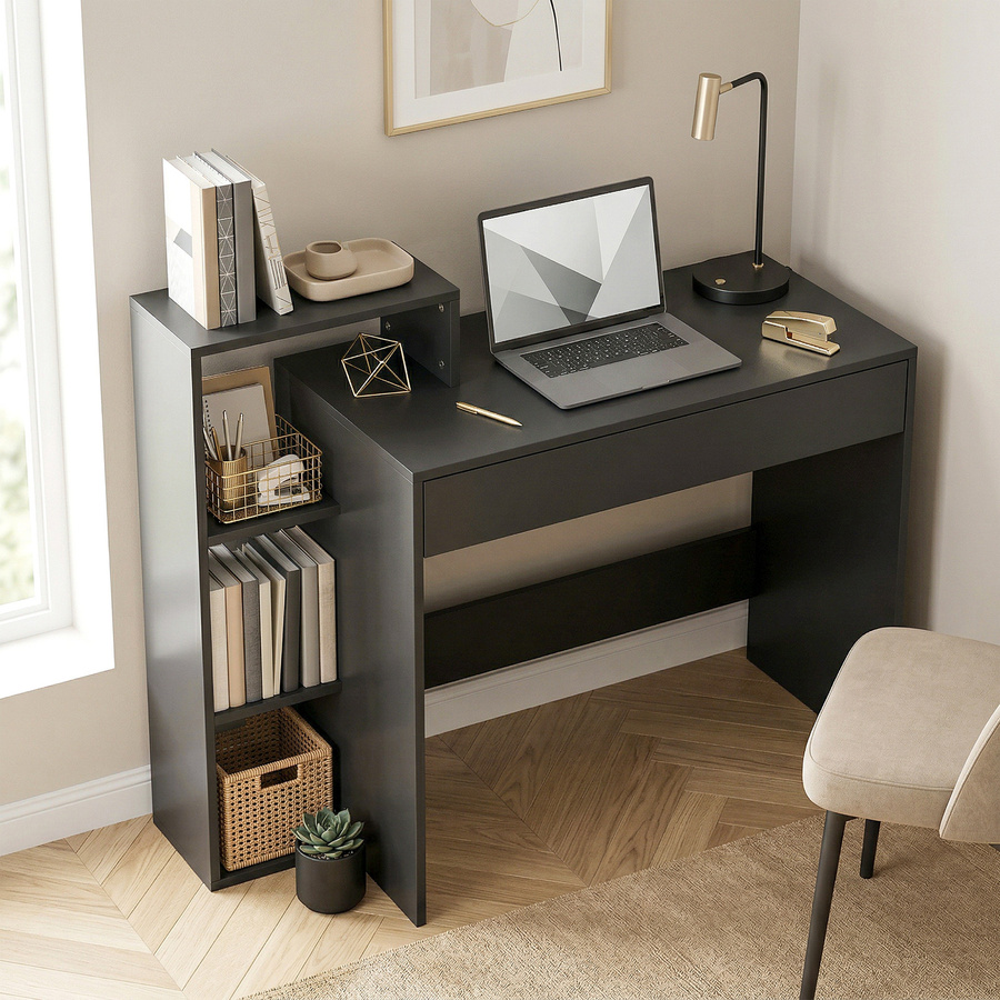 HOMCOM Schreibtisch mit Stauraum und Schublade in Schwarz, Computertisch mit 3 Regalfächern für dein Homeoffice, B/T/H: 100 x 40 x 90 cm - Bild 2