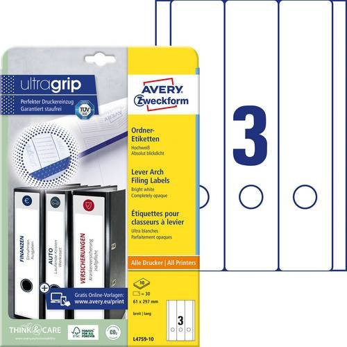 Avery Zweckform Ordner-Etiketten L4759-10 Weiß Permanent haftend aus Papier, 30 Stück, Breite: 6,1 cm, Höhe: 29,7 cm - Bild 1