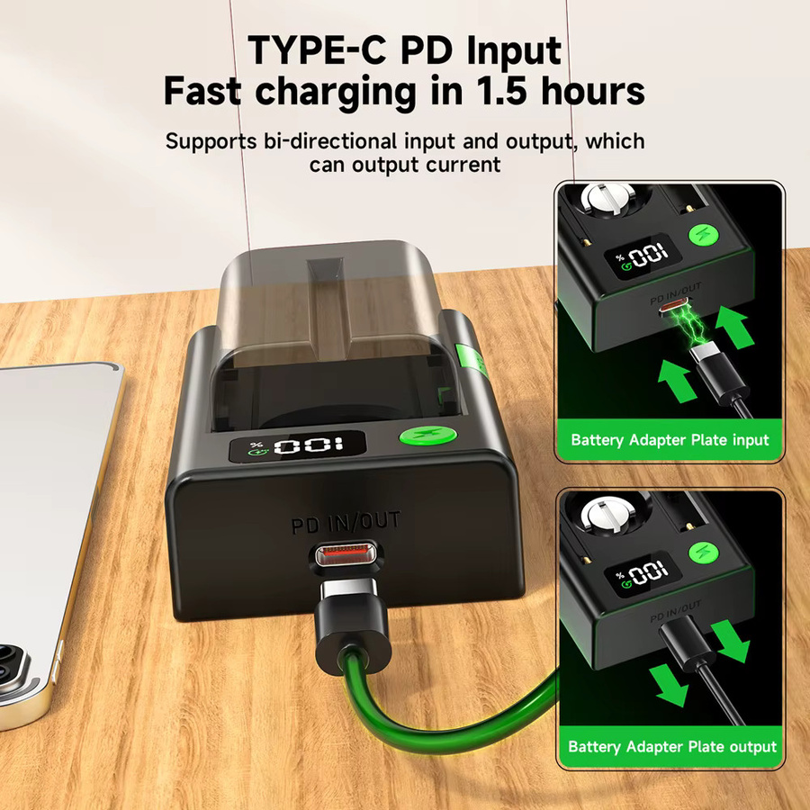 PALO NP-F Batterieladegerät mit Batterieadapterplatte und Kaltschuhadapter sowie 1/4 Zoll Anschluss für NP-F550 F750 F970 F980, Schwarz - Bild 2
