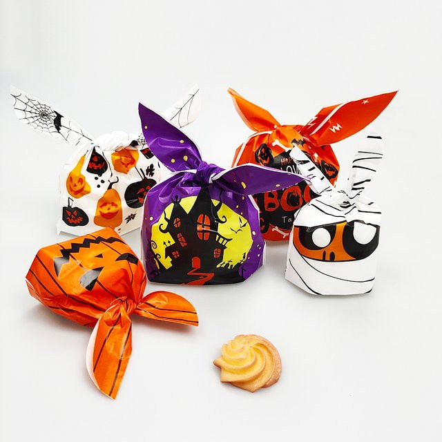 50 Stück Halloween Süßigkeiten Taschen mit Hasenohren und Kürbis Motiv aus Kunststoff für DIY Dessert und Geschenke, Mehrfarbig - Bild 1