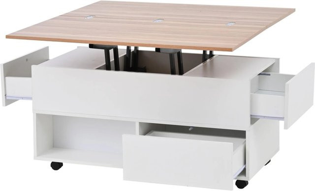 okwish Couchtisch mit Rollen und Schubladen, höhenverstellbar, Weiß Natur, B/T/H: 100 x 50 x 52 cm - Bild 1