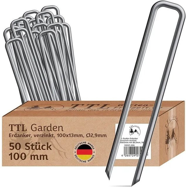 TTL GARDEN Erdanker aus verzinktem Stahl, 50 Stück, H: 100 cm, B: 13 mm, Ø: 2,9 mm, Bodenanker für Gartenvlies, Unkrautvlies und Vogelschutznetz - Bild 1