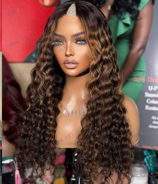simbeauty Wasserwellen-Remy-Echthaarperücke, goldene Highlights, U-Part - Bild 1