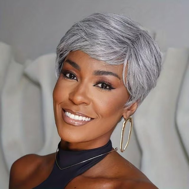 OYM HAIR Perücke, graue Pixie-Perücke aus Echthaar, kurz, Damen - Bild 1