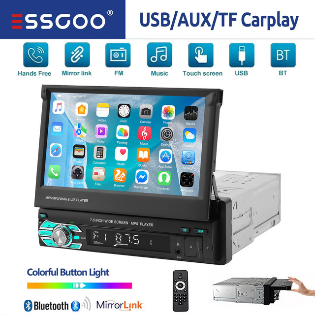 ESSGOO 7-Zoll Single DIN Autoradio mit ausklappbarem Touchscreen, Bluetooth Freisprecheinrichtung, USB, AUX-IN, TF und Mirror Link in Schwarz - Bild 1