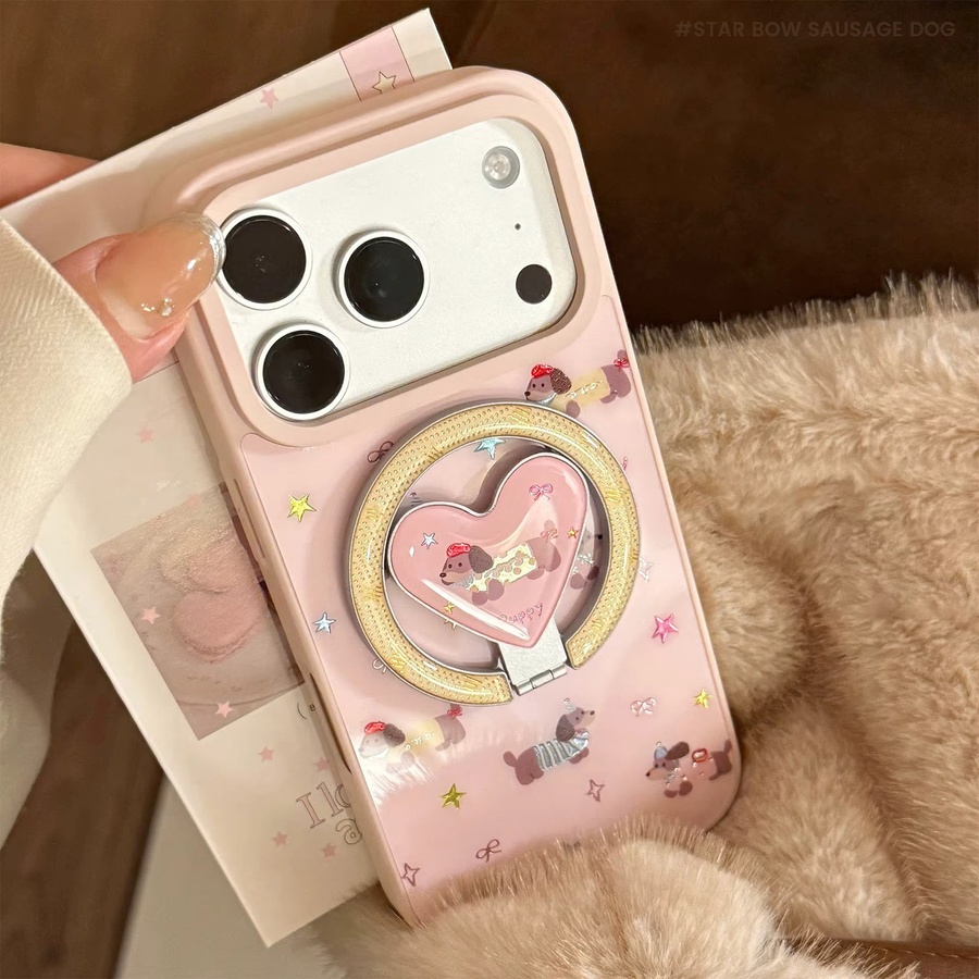 Rosa Faltbare Handyhülle mit Koreanischem Liebesherz und Cartoon Dackel für Apple iPhone 17 Air 16 15 14 13 Pro Max mit Magnetischer Halterung und Stoßfestem Schutz - Bild 2