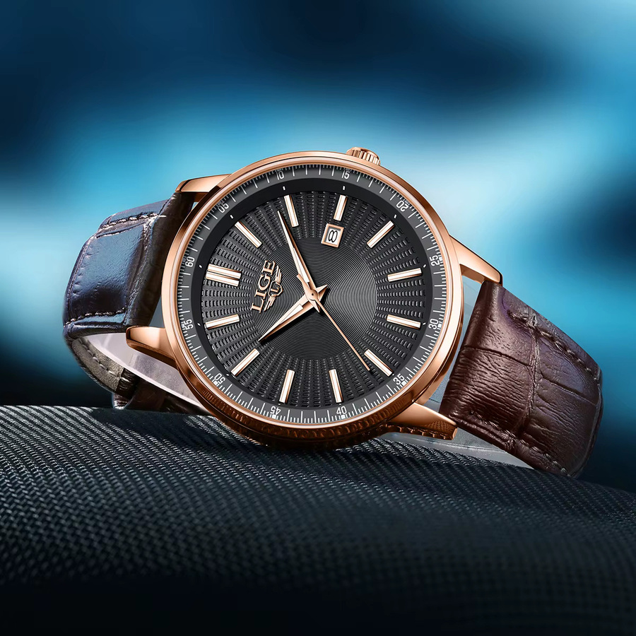 LIGE Armbanduhr Quarz, Leder, Roségold, Schwarz, Herren - Bild 2