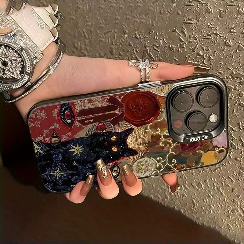 Galvanisierte TPU-Handyhülle mit Vintage-Schwarzen Katzenmuster für iPhone 17 Pro Max, 16, 15, 14, 13, 12, 11, Xs, Xr, X, 7, 8, Mini, Plus, Pro, Max, SE in Schwarz und Multicolour - Bild 3
