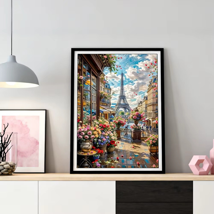 HUACAN Diamantmalerei Turm-Landschaft mit Stadtstraße und Blumenbild, 5D Mosaik-Kunst aus Kunstharz, rund, Multicolour, B: 30,0 cm, H: 20,0 cm - Bild 2