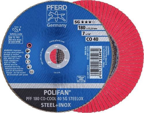 PFERD POLIFAN CO-COOL Fächerschleifscheibe SG STEELOX für Stahl und Edelstahl, Durchmesser: 180 mm, Bohrungs-Ø: 22,23 mm, Körnung: 40 - Bild 1