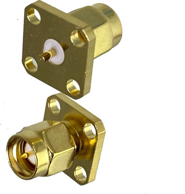 10 Stück SMA Stecker mit 4-Loch-Flansch zur Montage auf Lötplatine, HF-Koaxial Messing 50 Ohm, Farbe: Gold - Bild 1