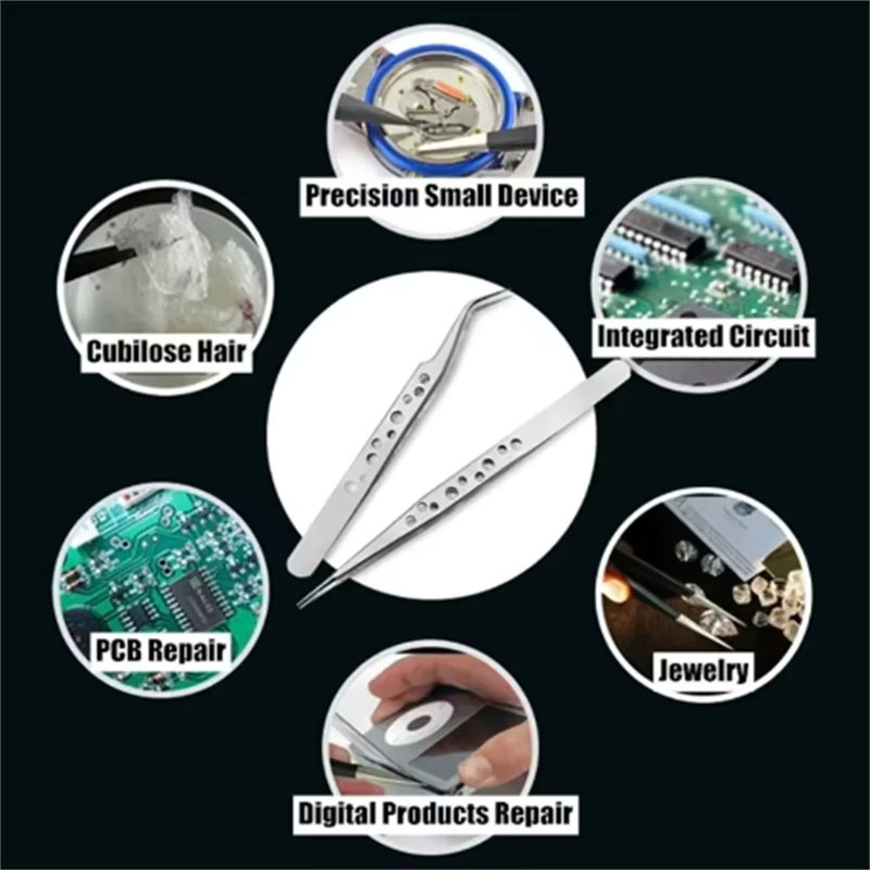 Antistatische Präzisionspinzetten aus Edelstahl in Silber für Handy-Reparaturen und DIY-Handwerk, Set mit gebogenen und geraden Spitzen - Bild 3
