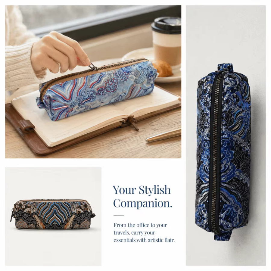 Federmäppchen mit Retro-Stickmuster im chinesischen Stil, blaues Schreibwarenetui und Make-up-Pinseltasche aus Textil - Bild 3