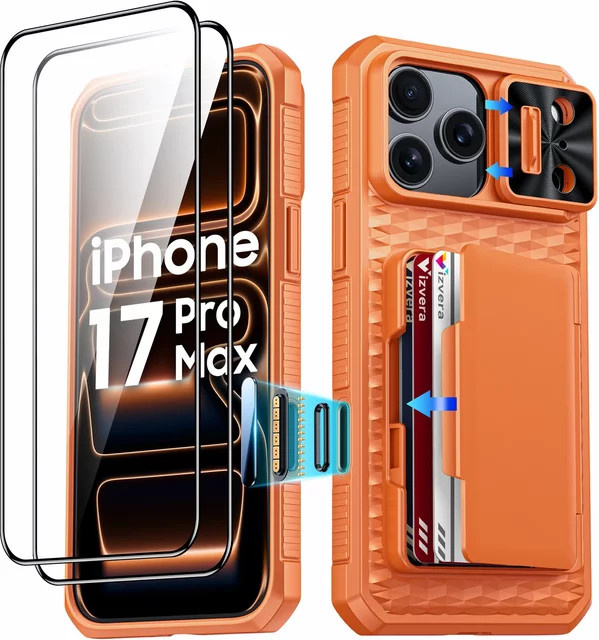 BANGZAO Wallet Case für iPhone 17 Pro Max mit Kartenhalter, Schiebe-Kameraabdeckung und Standfunktion in Orange - Bild 1