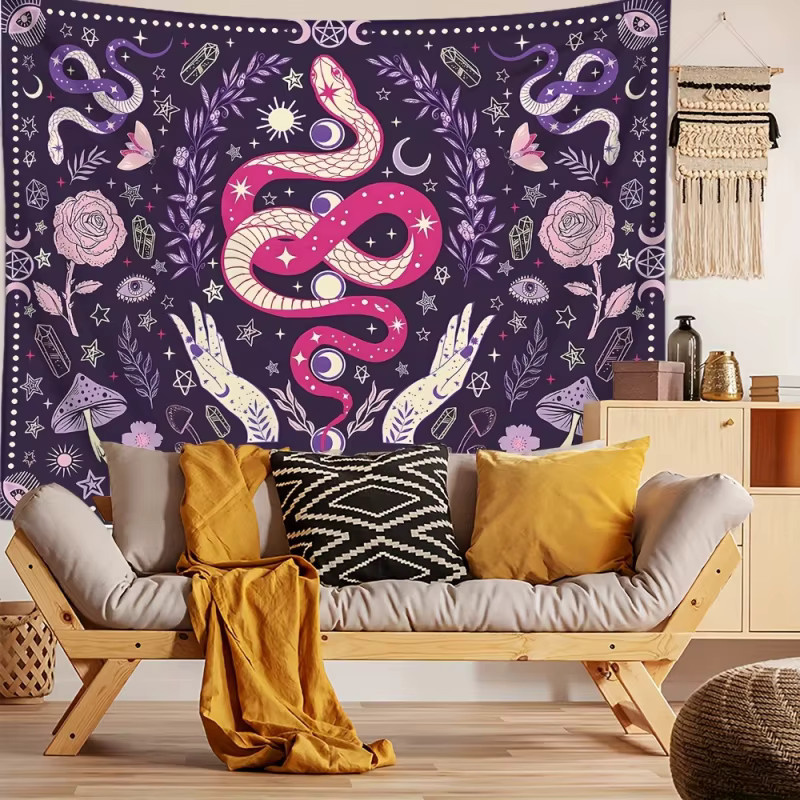 VIKAMA Wandteppich in Lila mit Tarot-, Astrologie-, Schlangen-, Hasen-, Stern- und Mondmotiven im Boho-Design, B/H: 40 x 60 cm - Bild 6