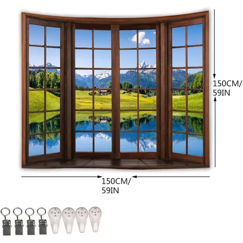 VIKAMA Panorama-Bogenfenster Wanddekoration mit Berg- und See-Landschaft in Mehrfarbig - Bild 3