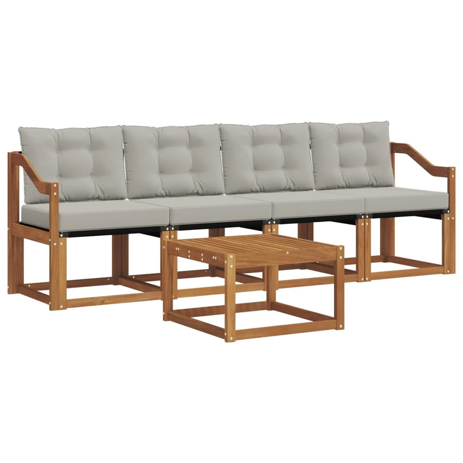 vidaXL Outdoor-Sofagarnitur 5-teilig aus Akazienholz mit Textilene und Kissen in Natur und Hellgrau - Bild 2