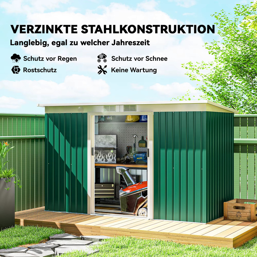 Outsunny Gerätehaus Gartenhaus aus Stahl mit Schiebetür und Lüftungsfenster, Dunkelgrün, B/T/H: 280 x 130 x 172 cm - Bild 5