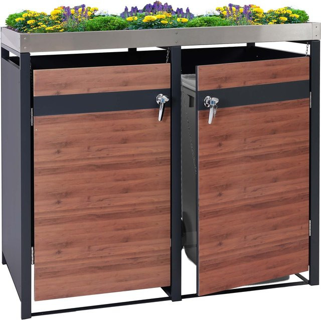MCW Mülltonnenverkleidung J82 für 2 Mülltonnen mit Pflanzkasten, erweiterbar, Metall, Anthrazit/Kirsche-Holzoptik Dunkelbraun, H x B x T: 80 x 132 x 125 cm - Bild 1
