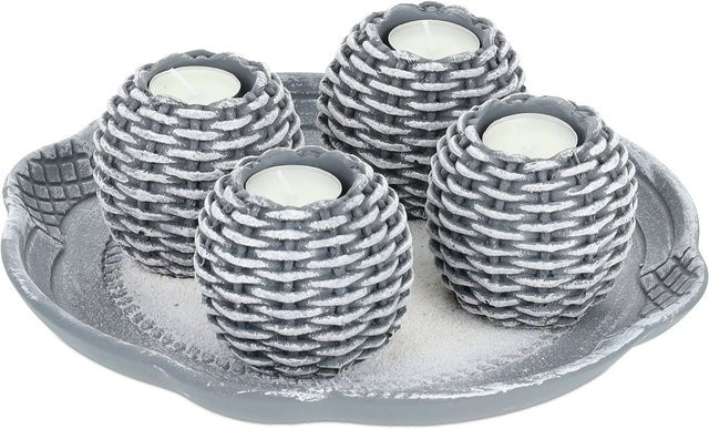 Relaxdays Kerzentablett aus Polyresin in Sand-Optik mit 4 Teelichtern in Grau und Weiß, B: 27,5 cm, T: 8 cm, H: 10 cm - Bild 1