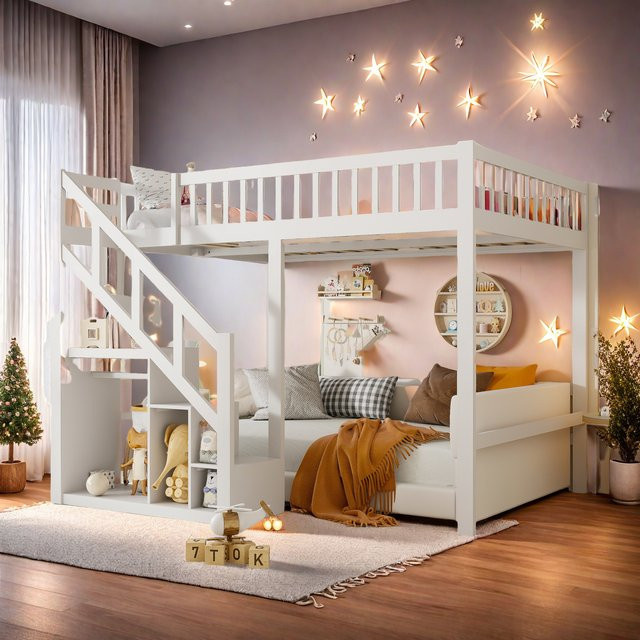 Modernes Kinder-Etagenbett mit Treppe und Aufbewahrungsschrank in Weiß, B/T/H: 140 x 200 cm - Bild 1