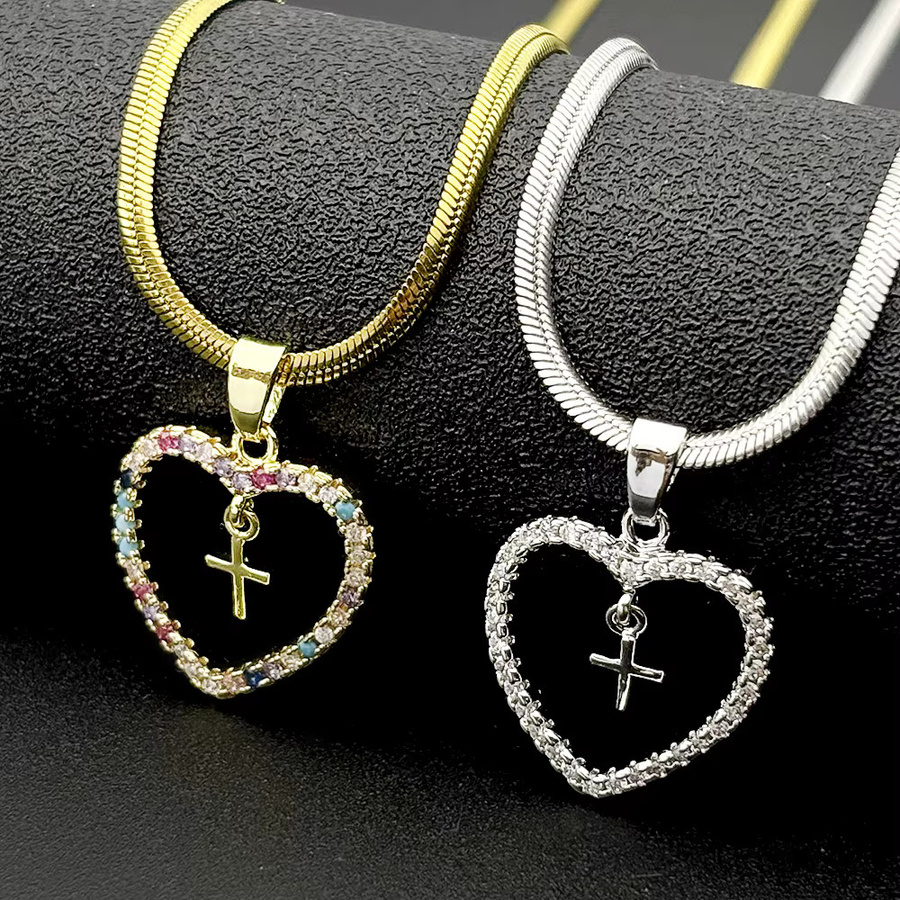 JYTF Herzförmiger Kreuzanhänger mit Zirkonia, Edelstahl, Gold, Unisex - Bild 2