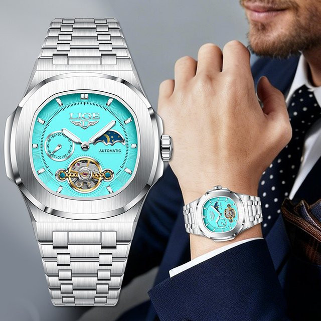 LIGE Armbanduhr, Automatik, Edelstahl, eckig, Herren, Silber, Blau - Bild 1