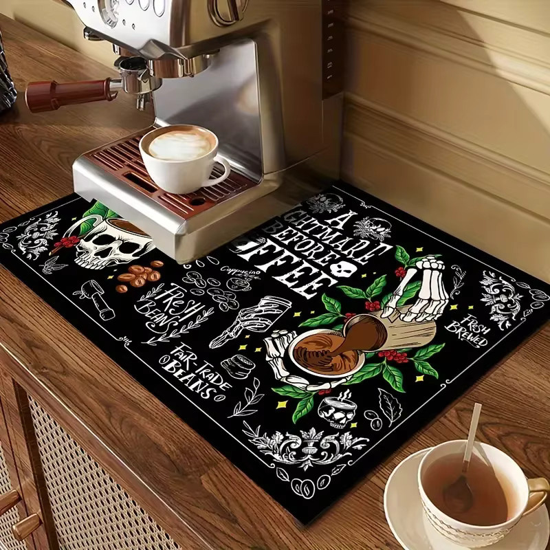 VIKAMA Tischschutzmatte aus Silikon mit Totenkopf-Kaffeemuster in Schwarz, rutschfest und saugfähig - Bild 4