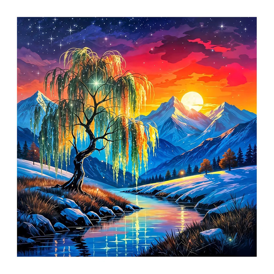 EverShine 5D Diamantmalerei DIY Mosaik-Set Landschaft mit Baum Weide Berg und Fluss in Multicolor - Bild 4