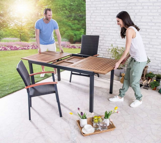 Ausziehbarer Gartentisch Solax-Sunshine Genua aus Eukalyptusholz und Aluminium in Braun, B/T/H: 150-200 x 90 x 74 cm - Bild 1