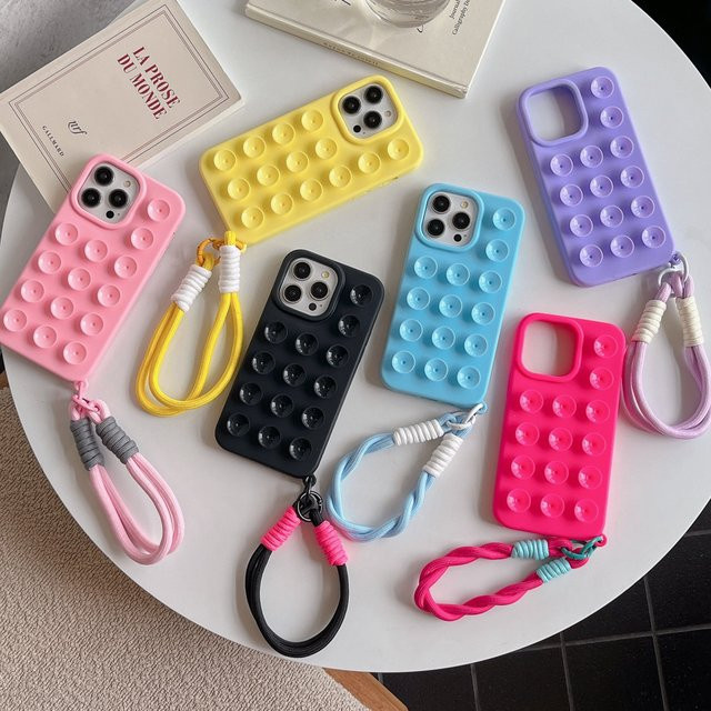 Stoßfeste Silikon Handyhülle mit Saugnapf und Lanyard für Apple iPhone 11 bis 17 Pro Max in Candy-Farben - Bild 1