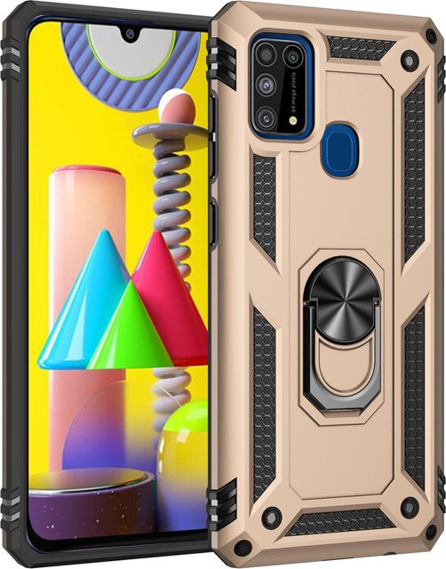 Stoßfeste Panzer-Handyhülle mit Metallringhalterung für Samsung Galaxy M51 M31 M30S M21 M02 A01 M01 Core in Goldgelb - Bild 1