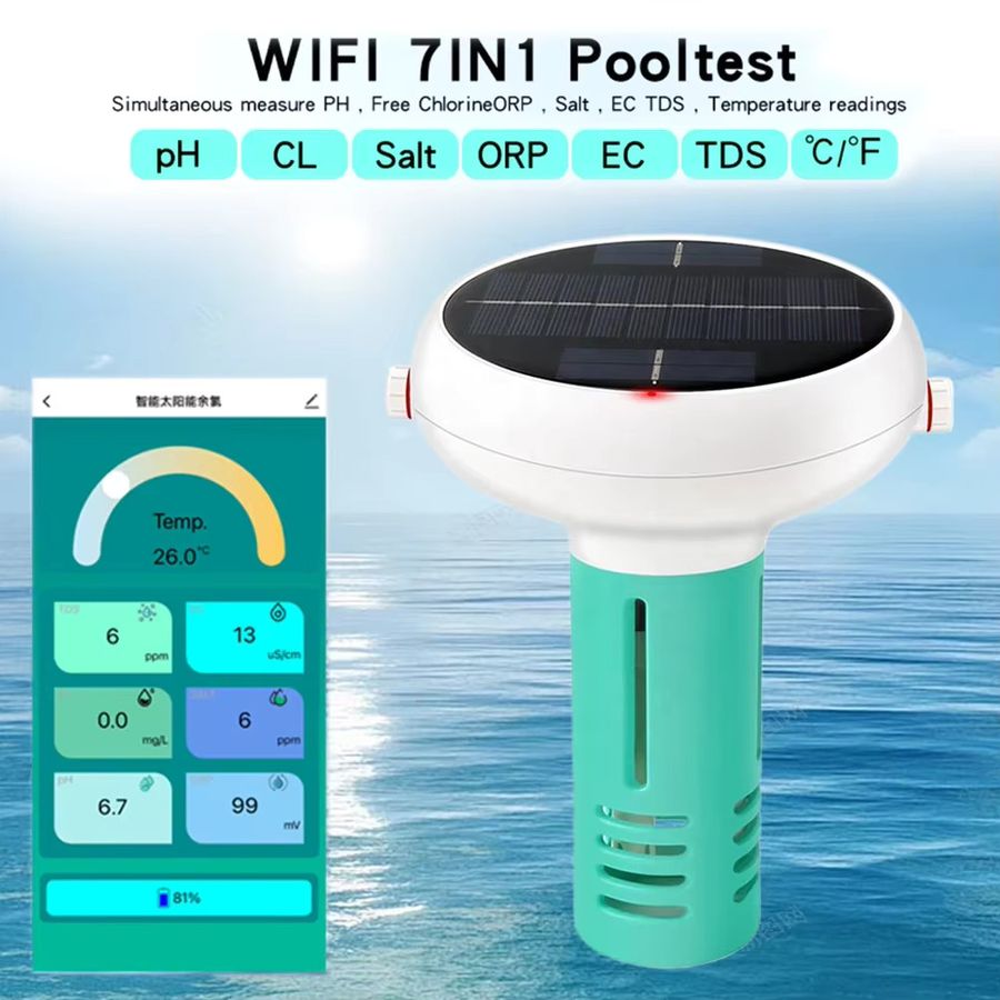 APWIKOGER 7-in-1 Solar-Schwimmbad-Wasserqualitätstester mit Tuya-App für PH, ORP, EC, TDS, Salzgehalt und Temperatur zur Echtzeit-Datenanalyse - Bild 2