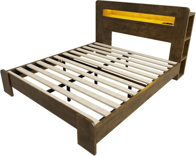 Merax Plattformbett in Vintage-Holz Optik mit LED-Unterbettbeleuchtung, USB-Ladeport und Ablagefächern, B/T/H: 140 x 200 x 107 cm - Bild 1