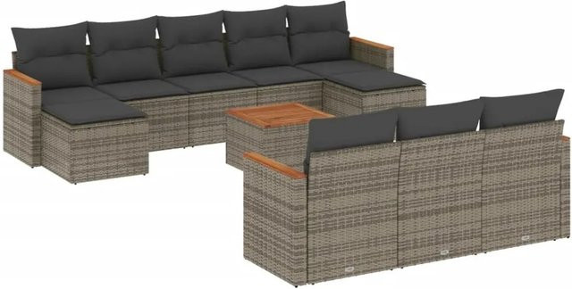 vidaXL 11-teilige Garten-Sofagarnitur aus Poly-Rattan in Grau mit Kissen und Akazienholz - Bild 1