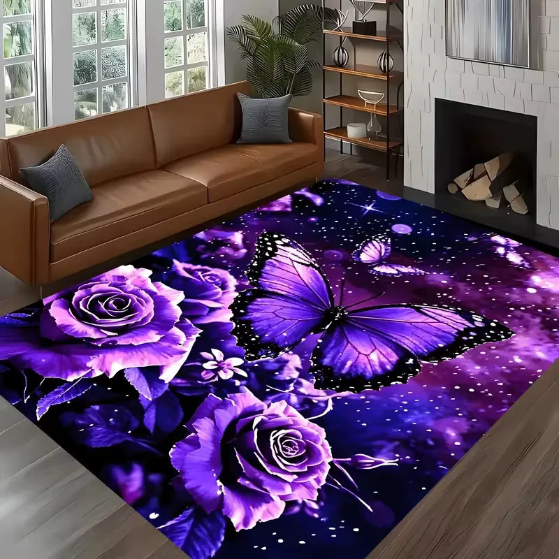 VIKAMA Teppich mit Schmetterlings- und Blumenmuster in Lila, rutschfester und weicher Flanell-Bodenmatte für Wohnzimmer, Schlafzimmer oder Arbeitszimmer - Bild 2