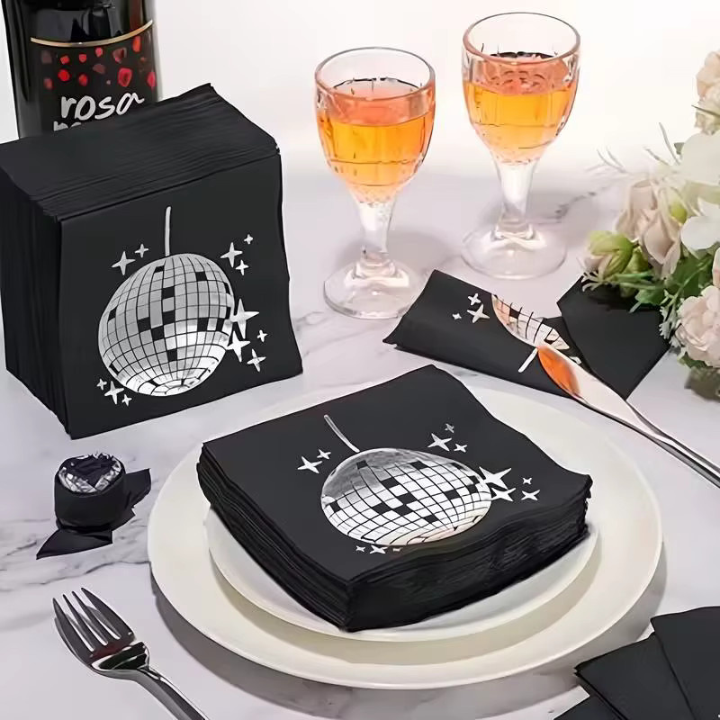 ZQNYCY Einweg Servietten mit Disco-Kugel-Motiv in Schwarz für 70er und 80er Jahre Partys - Bild 2