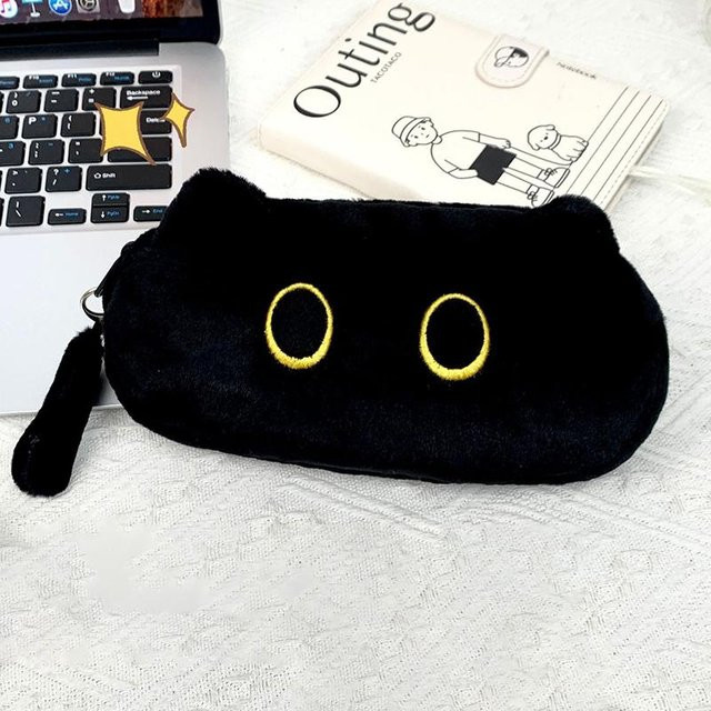 Simplicity Federmäppchen mit schwarzer Plüschkatze, große Federtasche für Schreibwaren und Kosmetik in Schwarz - Bild 1