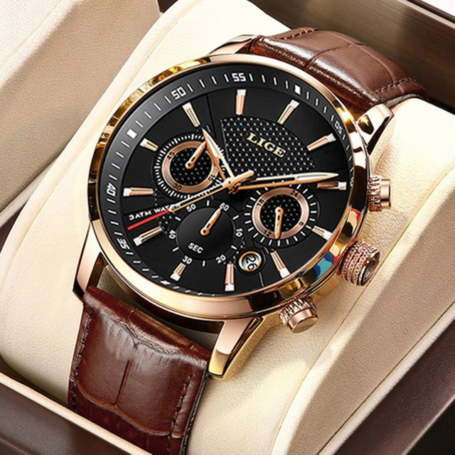 LIGE Chronograph Armbanduhr, Quarz, Leder, Schwarz, Herren - Bild 1