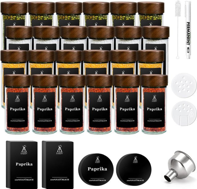 SIAZIH Gewürzglas Set aus Glas mit Rosenholzdeckel und Gewürzetiketten, transparent/braun, 100 ml pro Glas - Bild 1