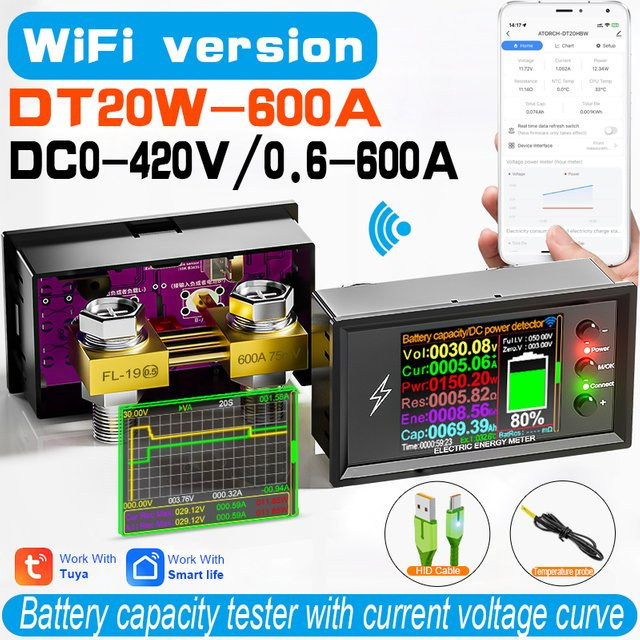 Tuya WiFi Smart Lithium-Batterie Kapazitätsdetektor DT20W Digitaler DC-Leistungsmesser zur Strom-Spannungs-Coulomb-Messung in Schwarz - Bild 1